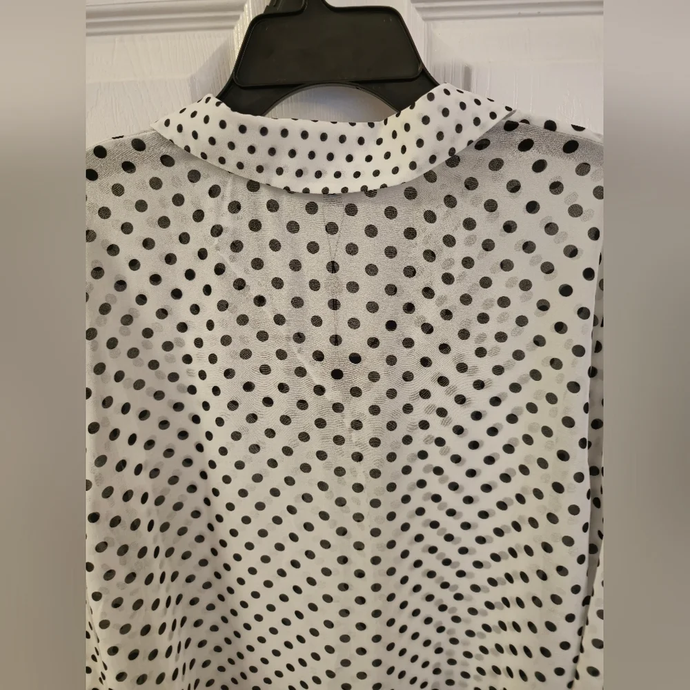NWT Adrianna Papell Sheer Polka Dot Chiffon V Blouse Black White Size Large - Picture 8 of 17